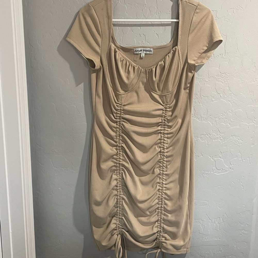 Almost Famous Beige Drawstring Side Dress